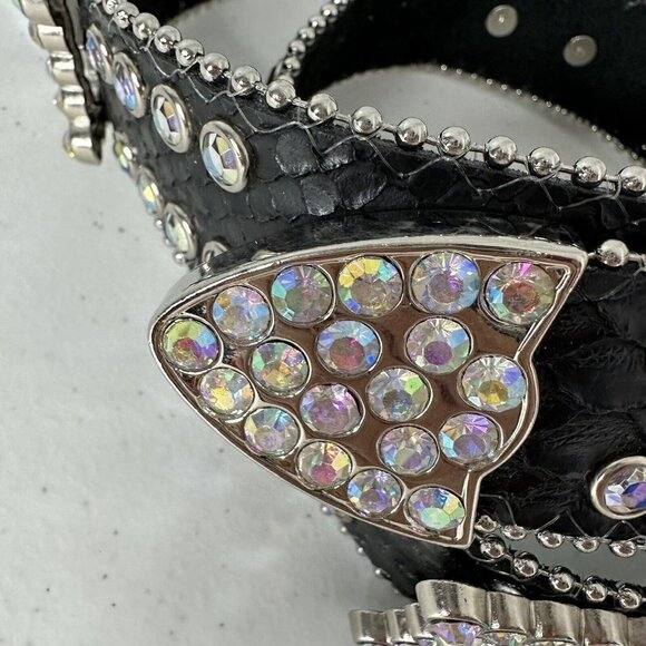 Nocona Black Leather Belt Crystal Rhinestone Aurora Borealis M/L - Picture 4 of 15